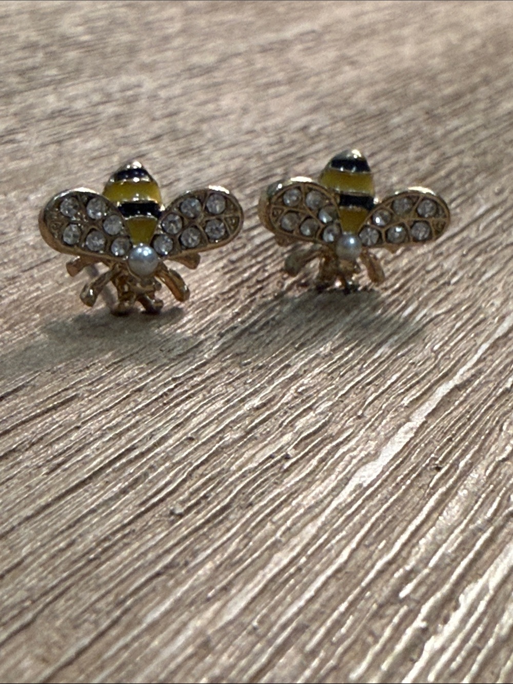 Gold Bee Stud Earrings with Yellow and Black Enamel and Crystal Accents